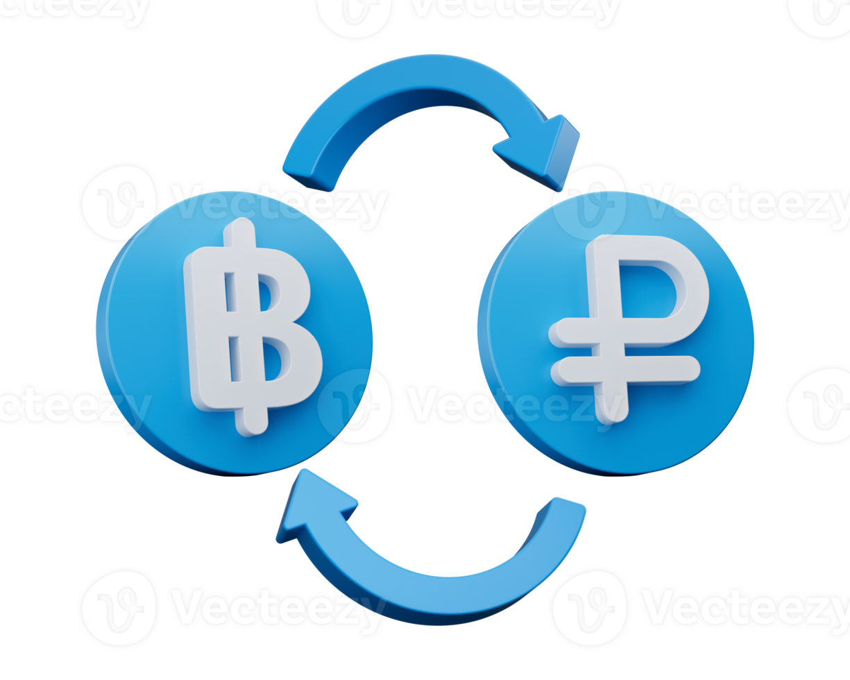 3d bianca baht e rublo simbolo su arrotondato blu icone con i soldi scambio frecce, 3d illustrazione png