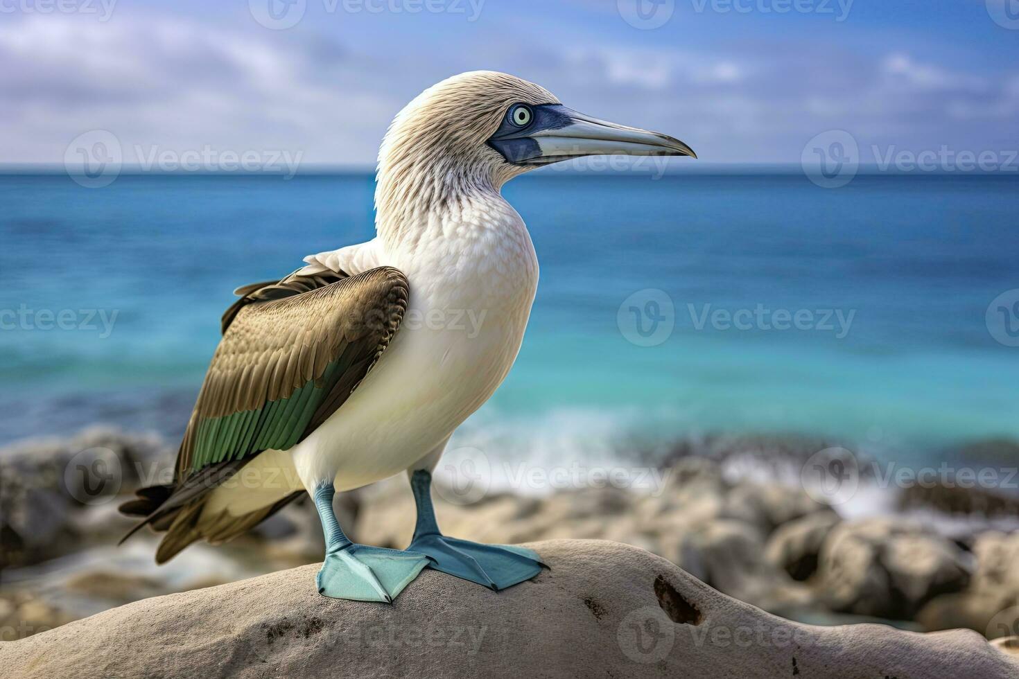 AI generated The rare blue-footed booby rests on the beach. AI Generated photo