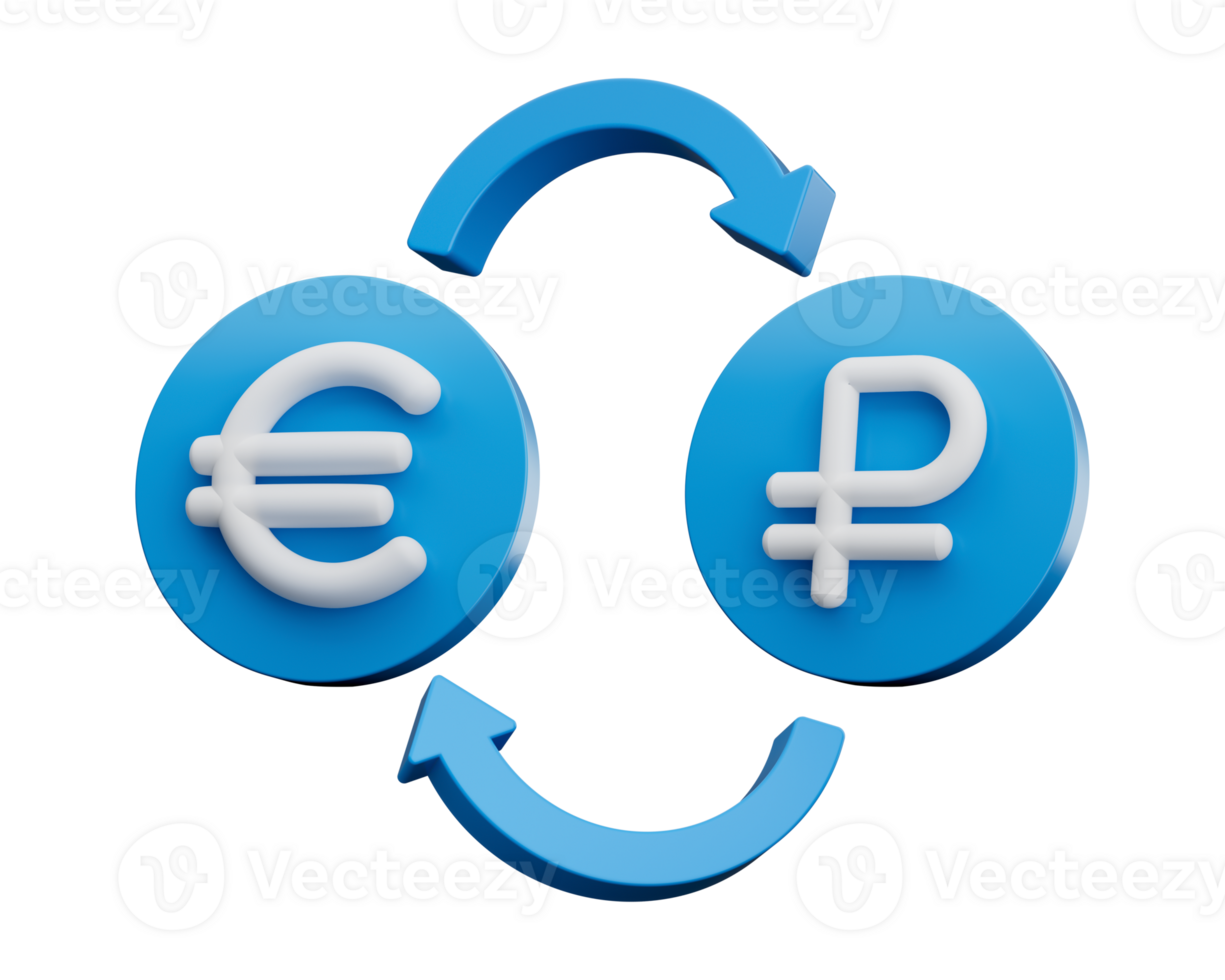 3d White Euro And Ruble Symbol On Rounded Blue Icons With Money Exchange Arrows, 3d illustration png