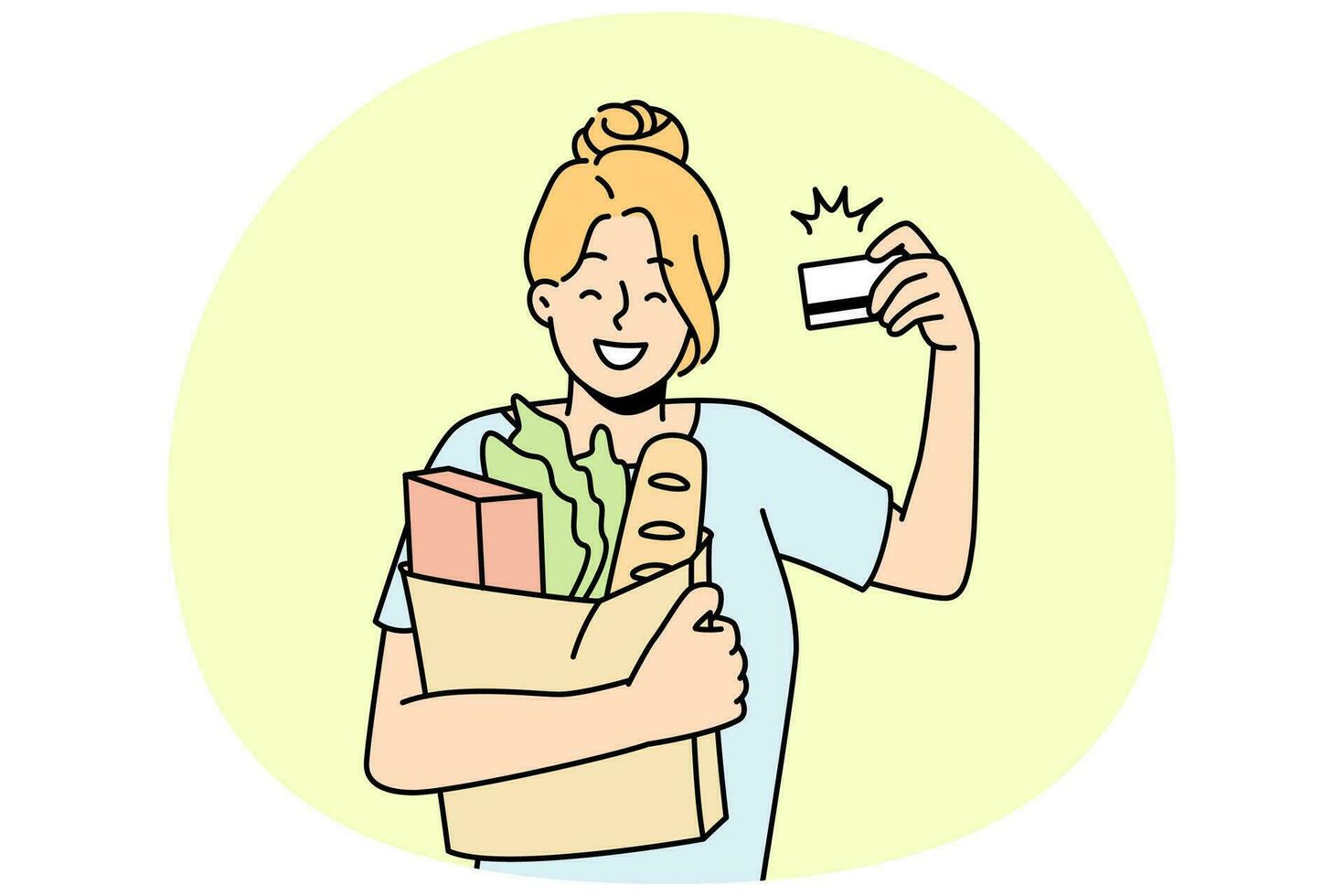 Smiling woman customer shopping in supermarket with credit card. Happy female client grocery shopping with banking system. Vector illustration.