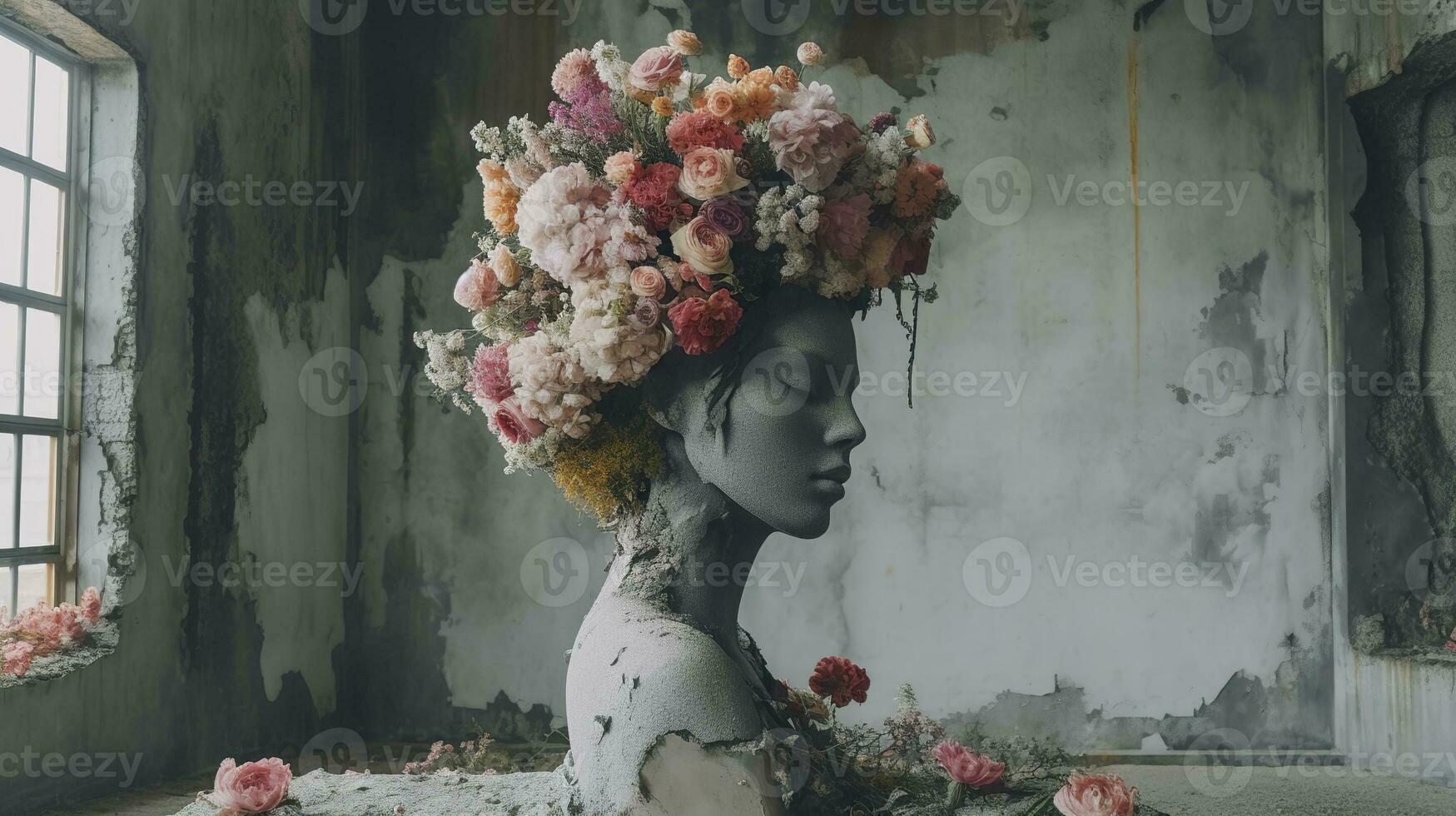 ai generado real flores cubrir un escultura en un hormigón edificio, un escultura inspirado, pastel acento colores, cadera salto escultura, ai generativo foto