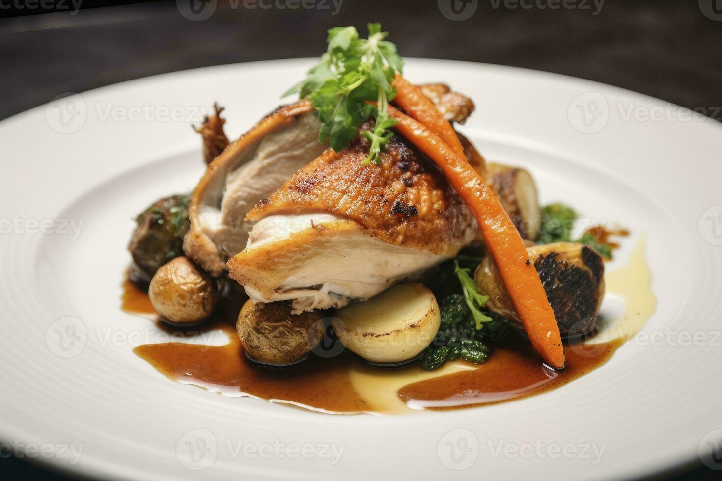 AI generated Plated chicken roast dinner on a white plate with carrot and morel mushroom. AI Generated. photo