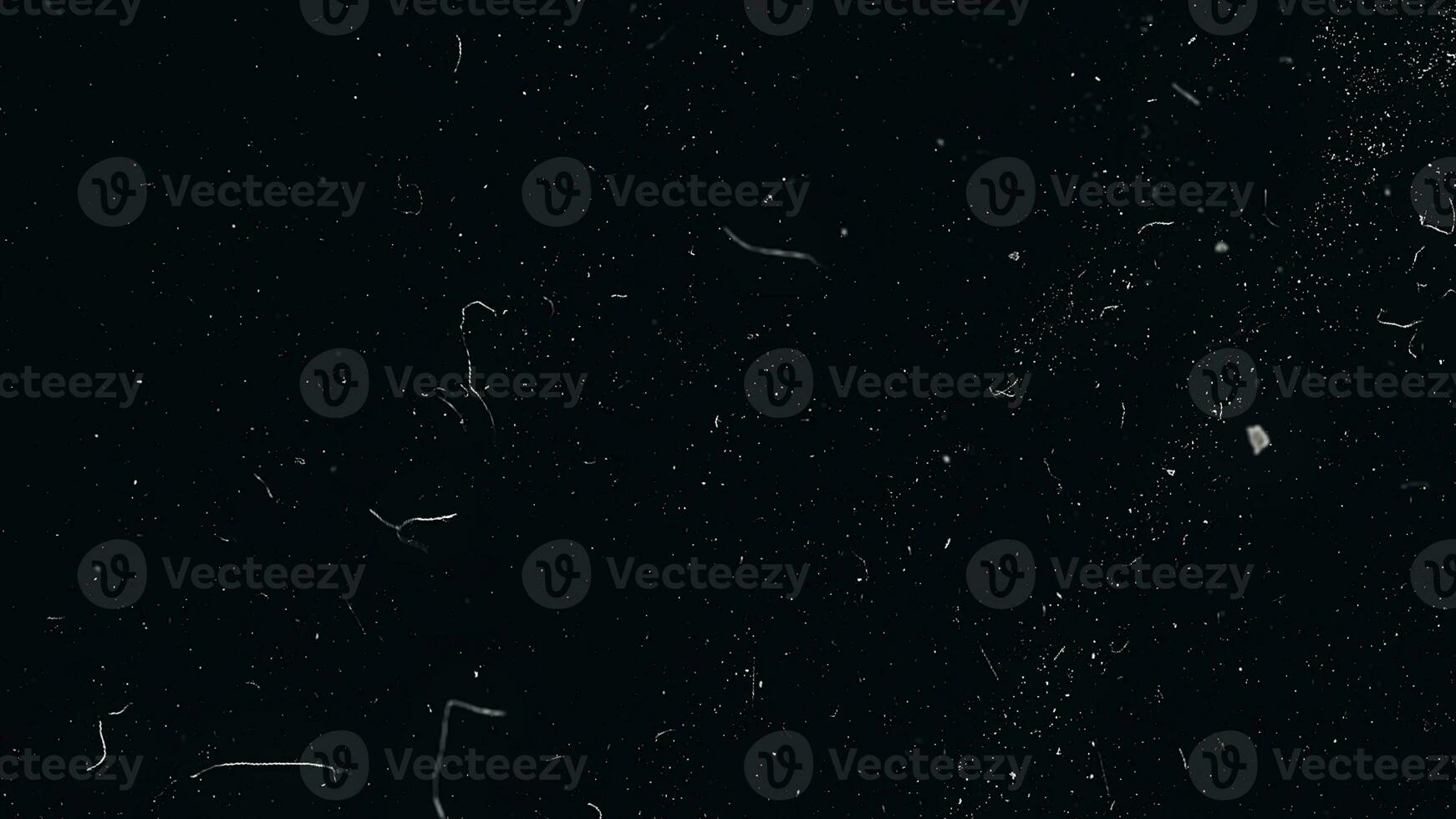 Slow motion macro shot of dust particles over black background. White dust particles moving slowly in space on black background. Abstract particle moving background. Slow motion macro dust particles photo