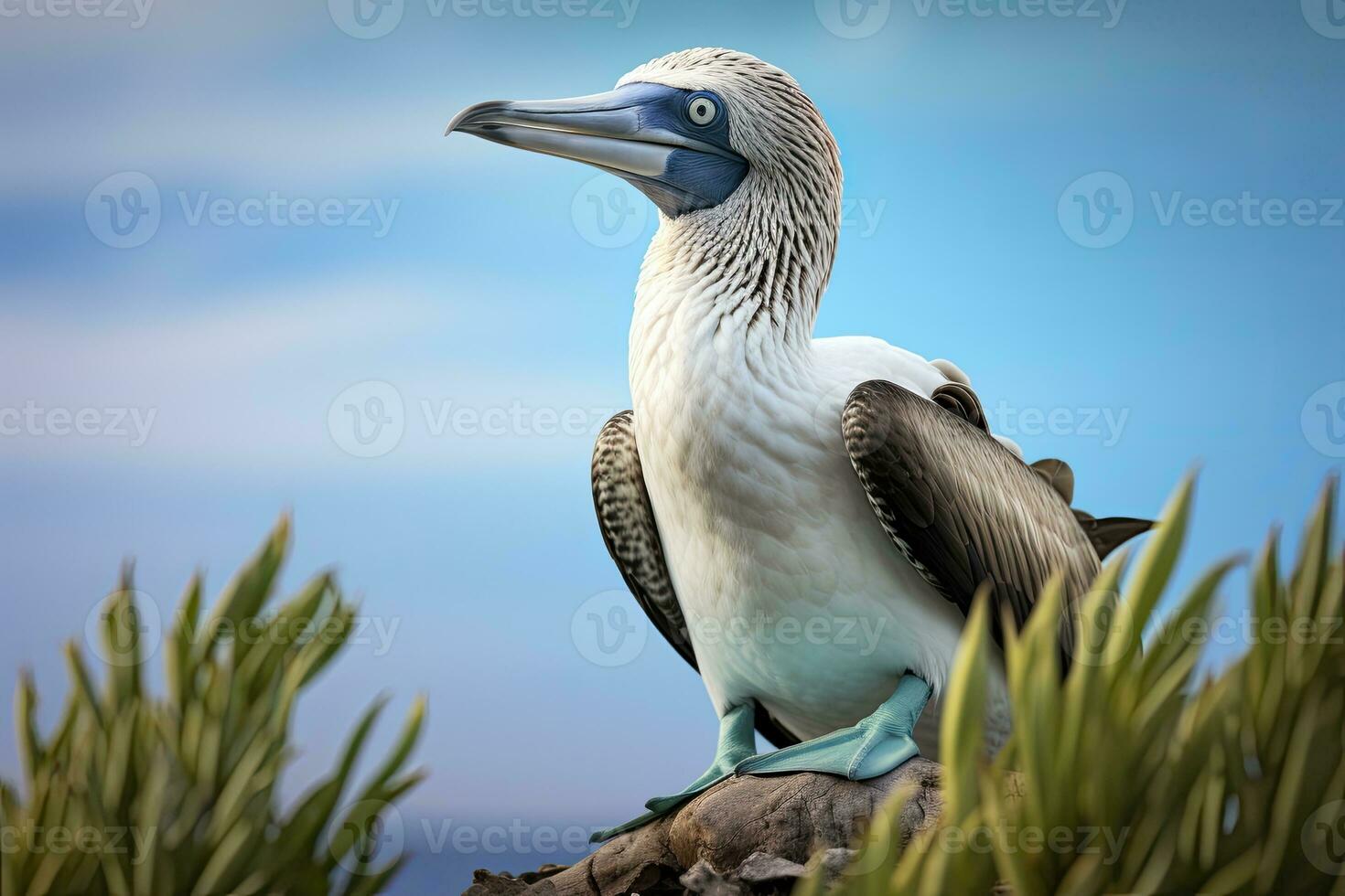 AI generated The rare blue-footed booby rests on the beach. AI Generated photo