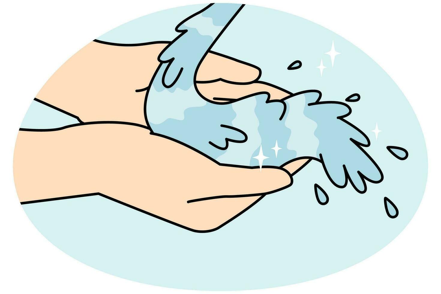 Close-up of person hands with clean water. Man or woman palms washing under clear tap or stream water. Vector illustration. . Vector illustration