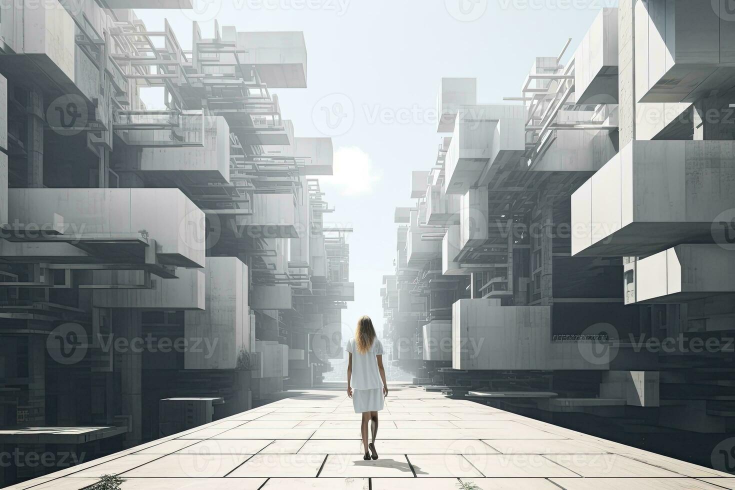 AI generated Woman walking in futuristic brutalist city street.  AI Generated. photo