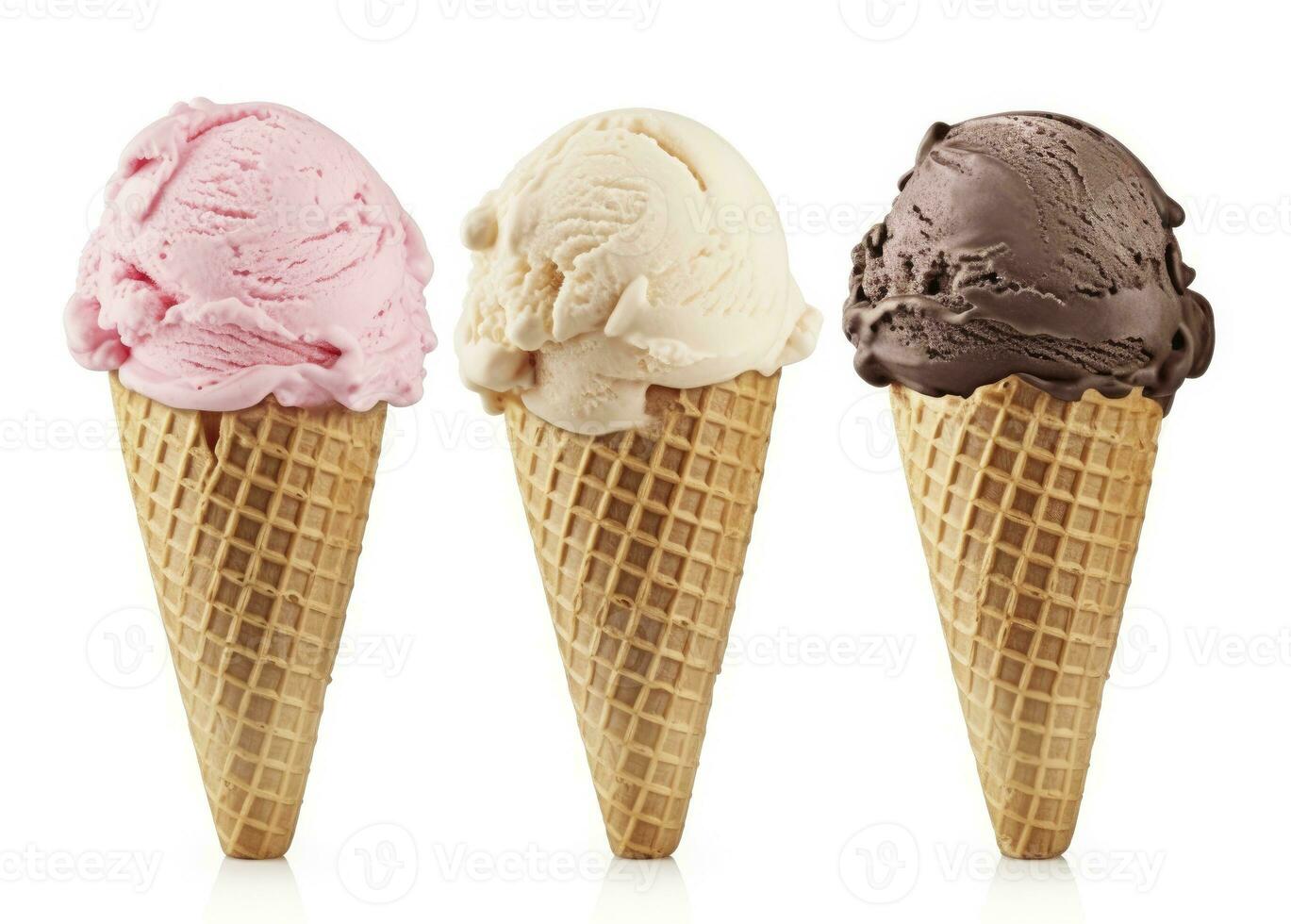 AI generated Chocolate, vanilla and strawberry Ice cream in the cone on white background. AI Generated photo