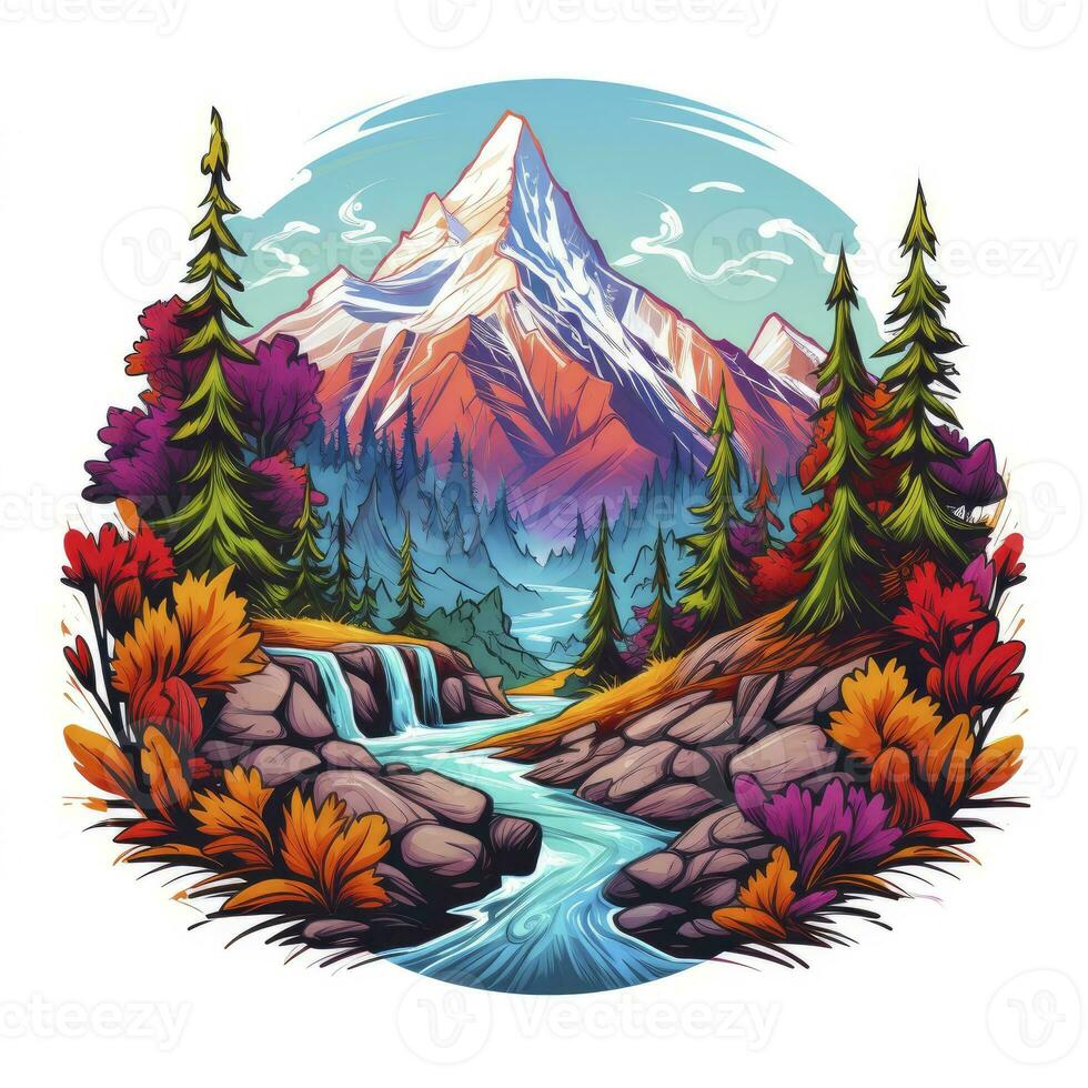 AI generated Vibrant colors wilderness hiking scene for t-shirt. AI Generated photo