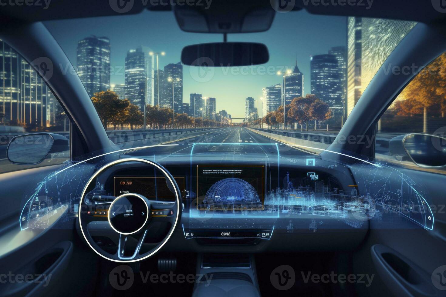 AI generated Modern smart car technology intelligent system using Heads up display HUD Autonomous self driving mode vehicle on city road with graphic sensor radar signal system intelligent car. photo