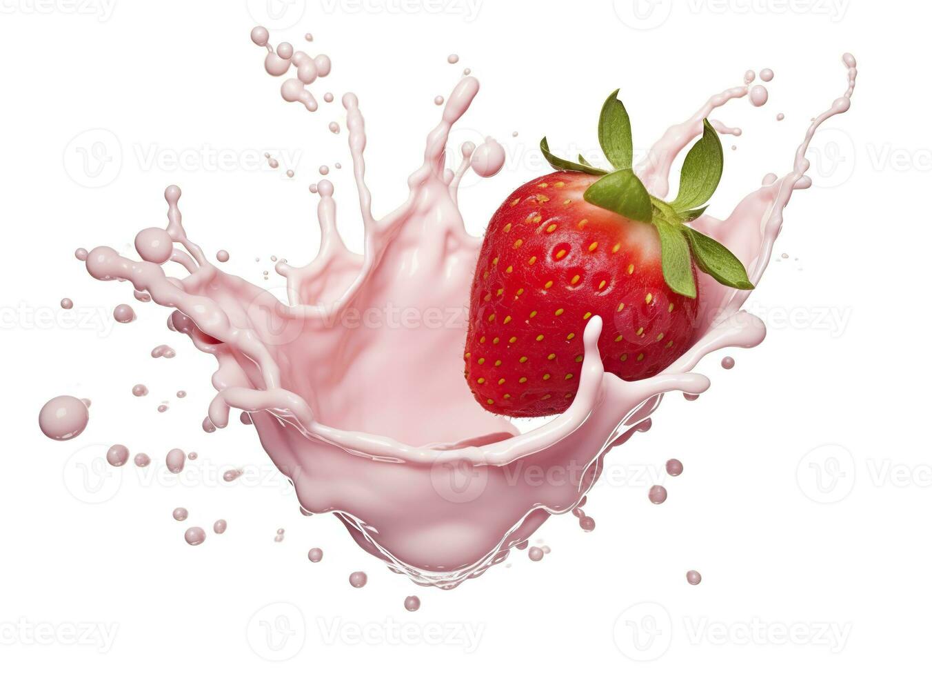 AI generated milk or yogurt splash with strawberries isolated on white background, 3d rendering. AI Generated photo