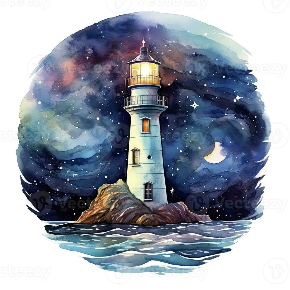AI generated Lighthouse beside the sea at Night. watercolor for T-shirt design. AI Generated photo