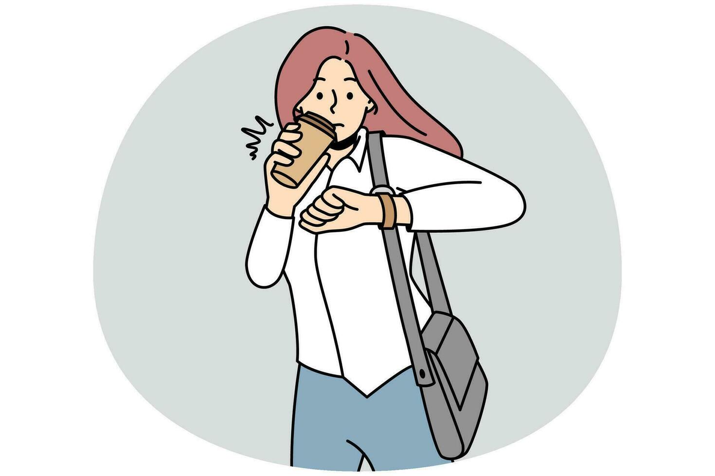 Young woman drink coffee from takeaway cup look at wristwatch worried to miss deadline. Girl student enjoy coffee check time on clock. Vector illustration.