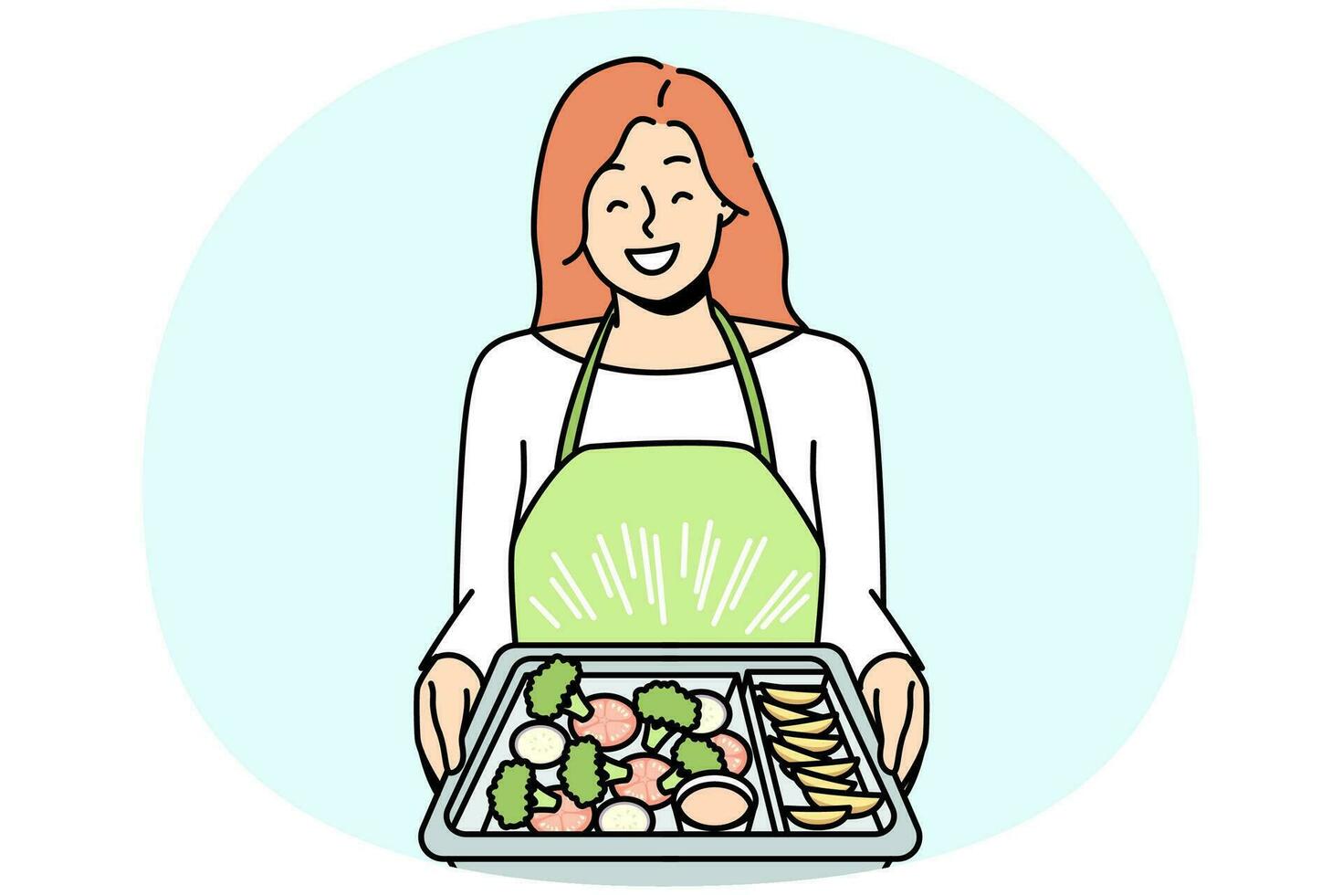 Smiling woman in apron holding tray with delicious food baking. Happy housewife cooking meal at home. Diet and nutrition. Vector illustration.