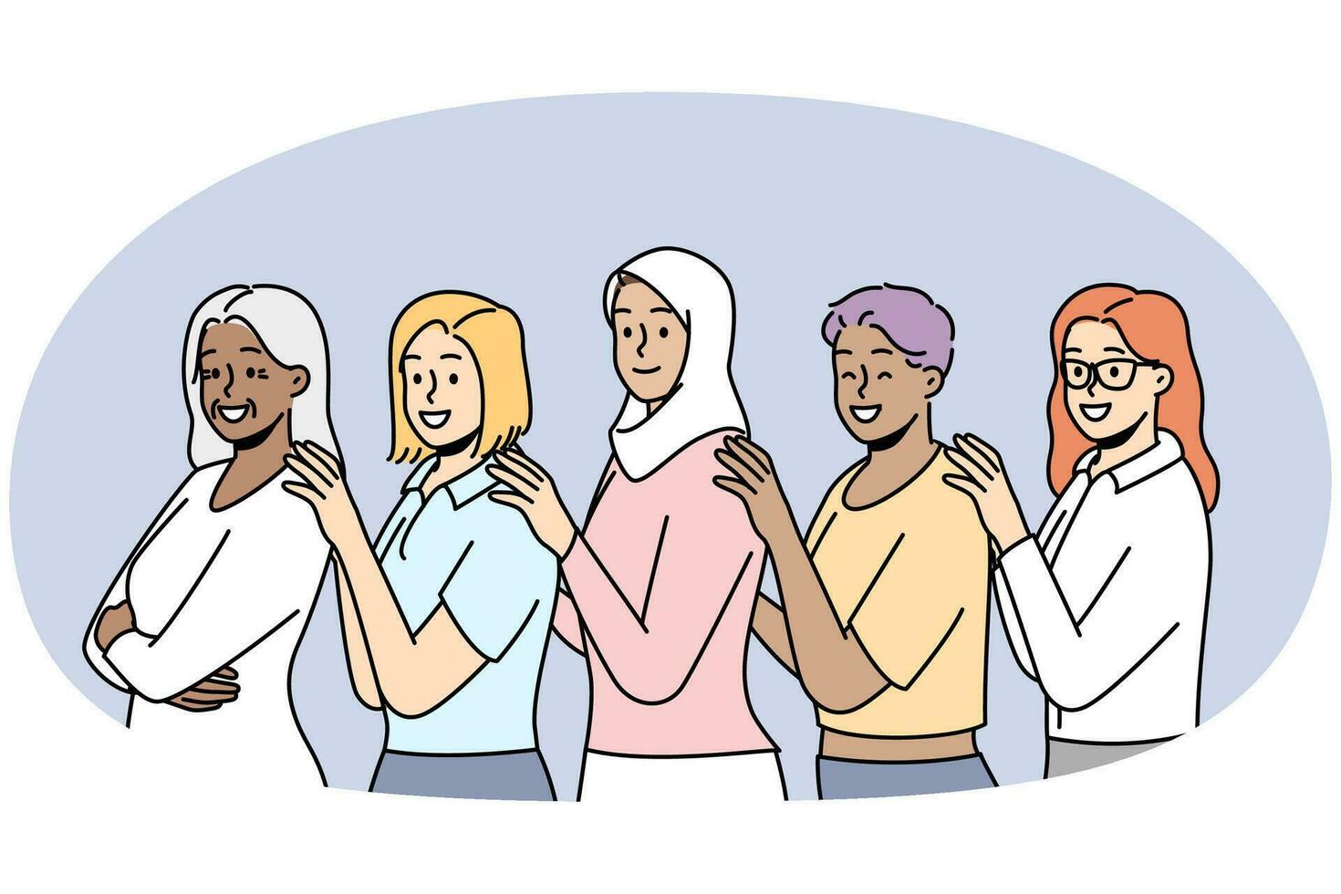 Group of smiling multiracial women stand together showing unity and support. Happy interracial multiethnic females demonstrate togetherness. Vector illustration.