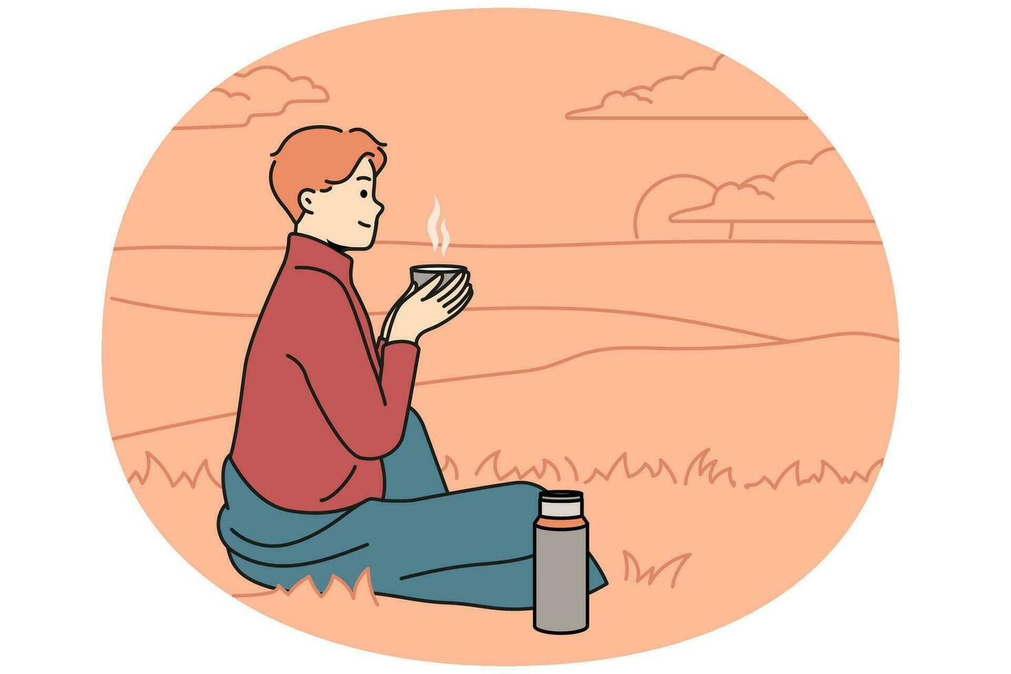 Happy young man sitting in nature drinking tea from thermos. Smiling enjoy warm coffee on hill outdoors. Relaxation concept. Vector illustration.