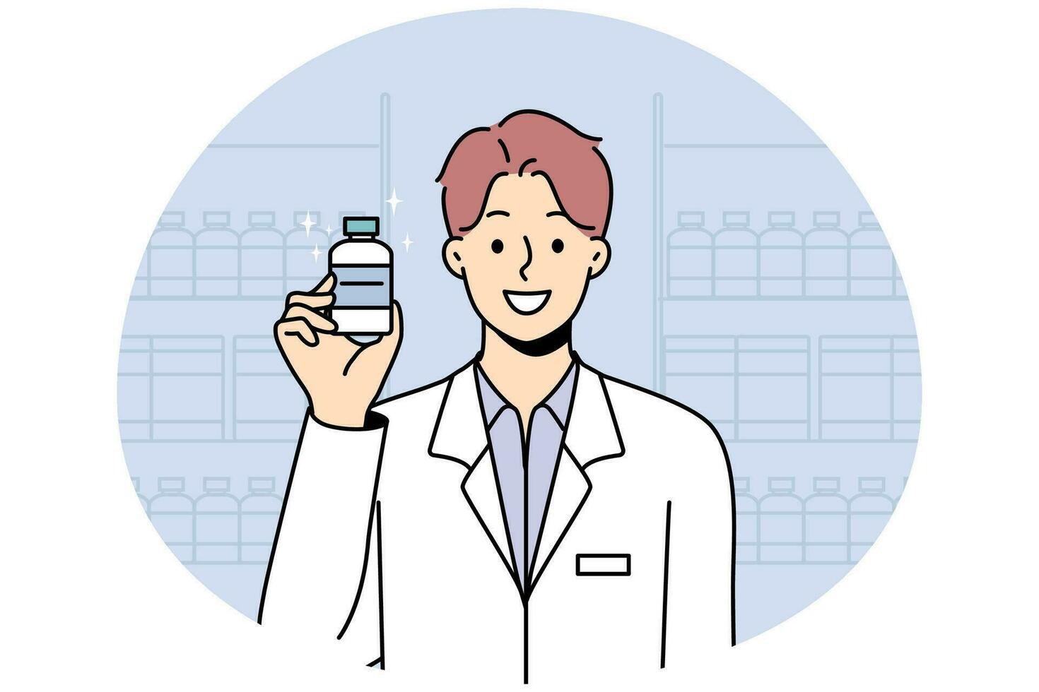 Smiling male pharmacist in medical uniform hold bottle in hands. Happy man specialist or professional recommend medication or drug. Healthcare and medicine. Vector illustration.