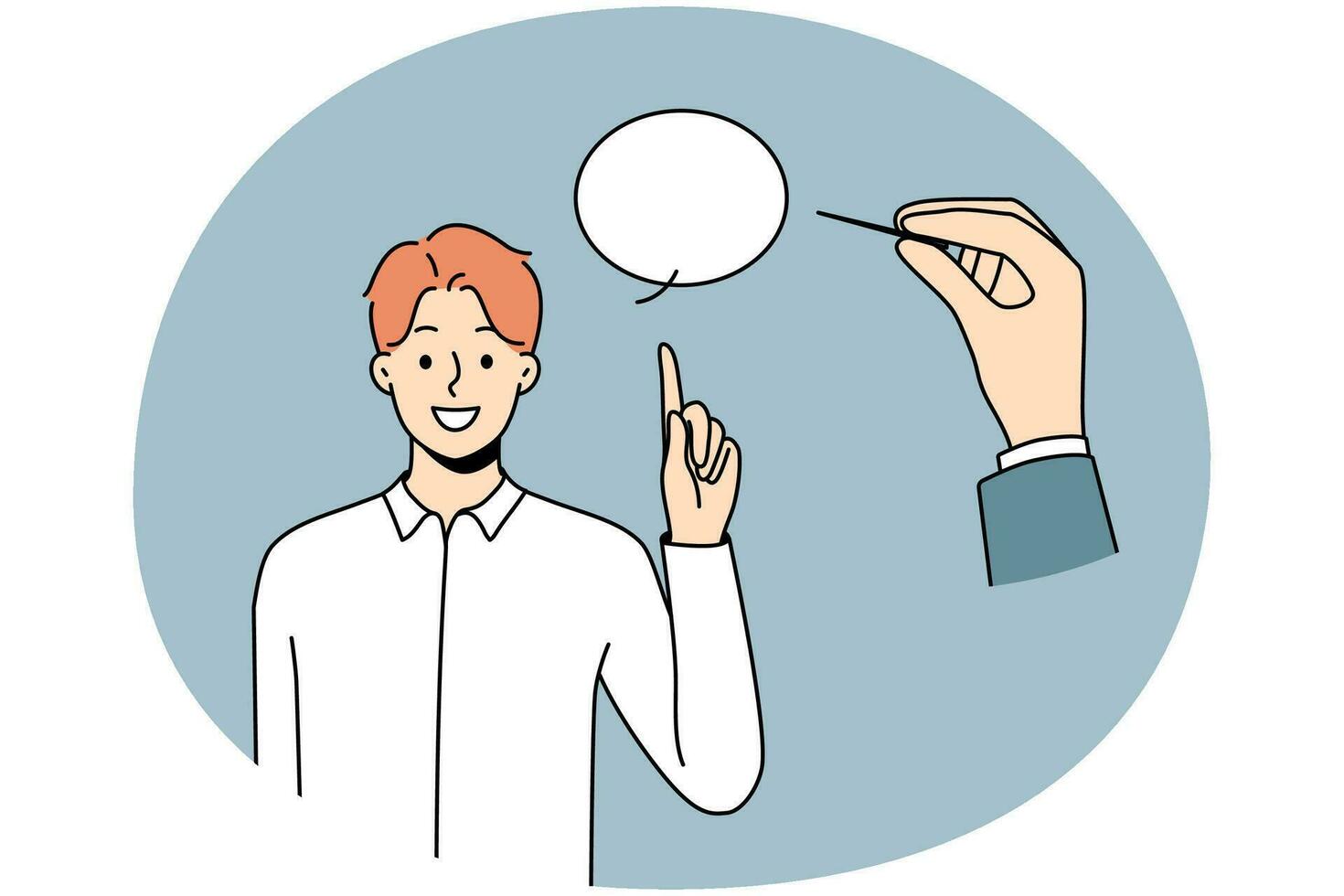Huge hand pierce speech bubble reject comments or arguments. Person puncture talk balloon of man speaking. Criticism and opinion variety. Vector illustration.