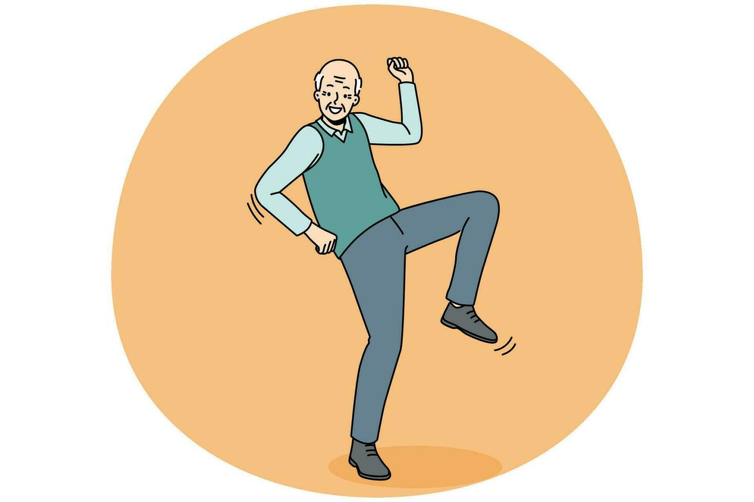 un anciano feliz se divierte bailando. el anciano abuelo sonriente y enérgico se siente optimista y positivo en movimiento. madurez sana. ilustración vectorial vector