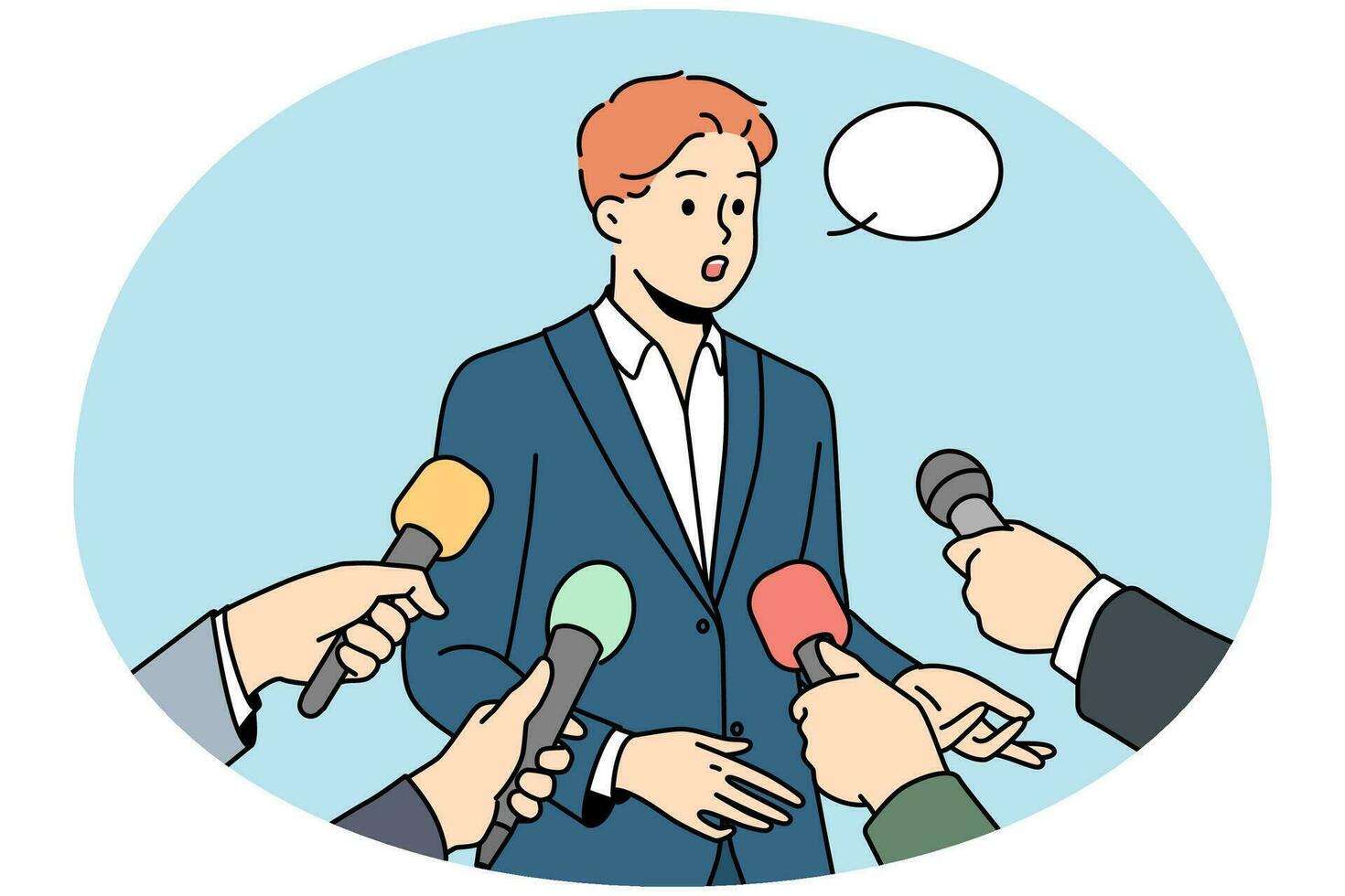 Male politician with speech bubble above head give interview to reporters with microphones. Man in suit speak with journalists with mic. Vector illustration.