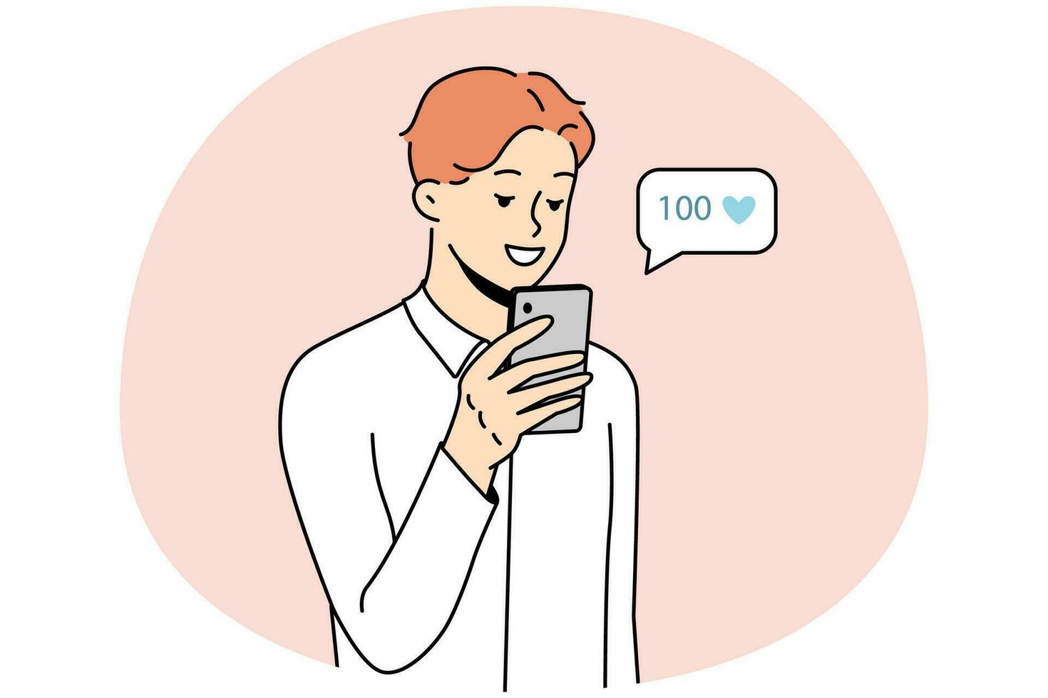 Smiling young man using cellphone collect likes on social media. Happy male look at mobile phone screen get acknowledgment from subscribers. Vector illustration.