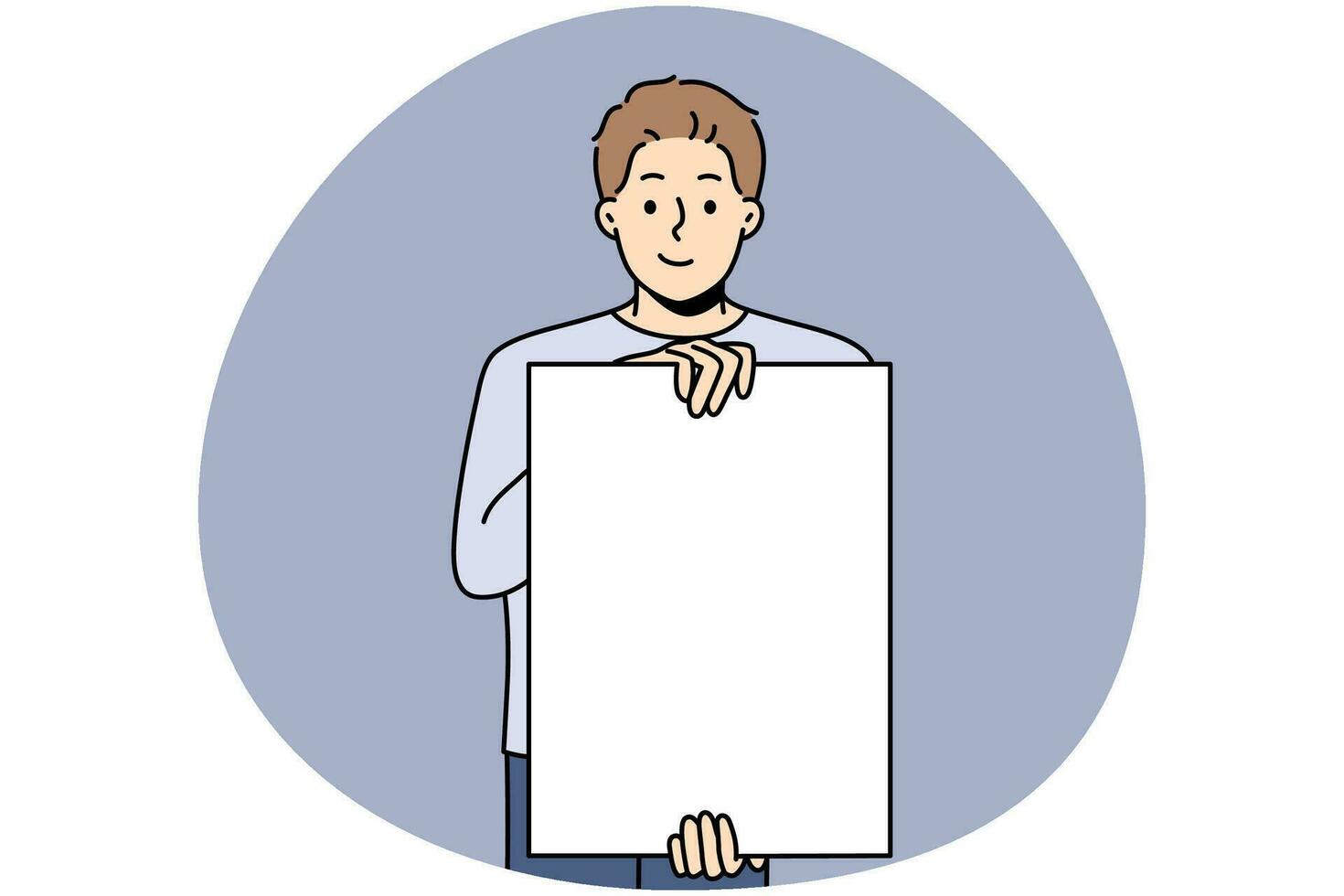 Smiling man hold white empty poster for advertising copy space. Happy male demonstrate mockup on paperwork for ad placement. Vector illustration.