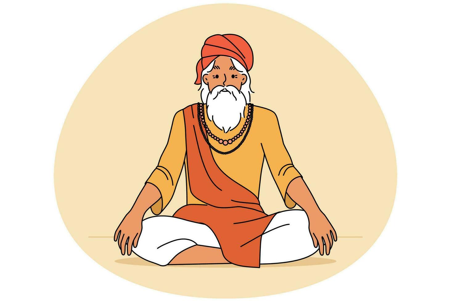 Old man in traditional clothes sitting in lotus position meditating. Elderly male yogi practice yoga. Culture and tradition. Vector illustration.