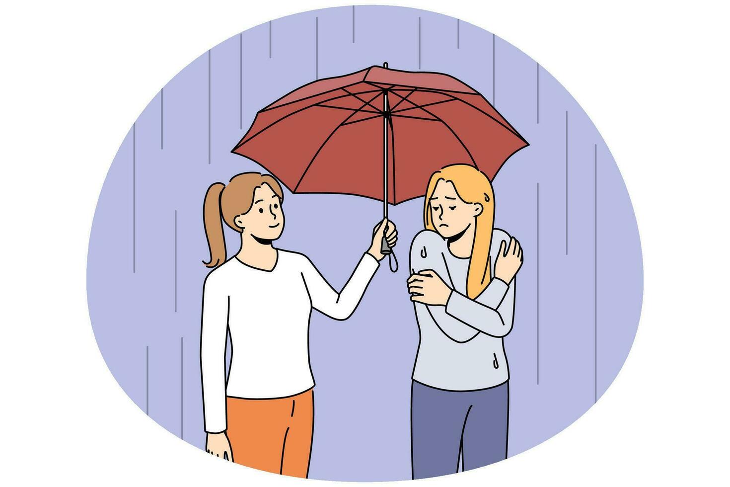 mujer feliz y cariñosa ayuda a un amigo mojado infeliz a compartir paraguas. una mujer sonriente y atenta muestra su apoyo a una chica molesta bajo la lluvia en la calle. ilustración vectorial vector