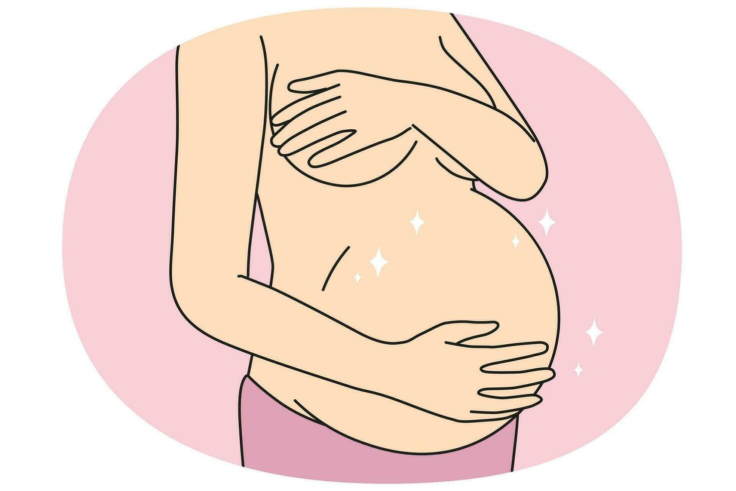 Close-up of naked woman touching pregnant belly ready for future maternity. Female excited with pregnancy. Motherhood and mom to be. Vector illustration.