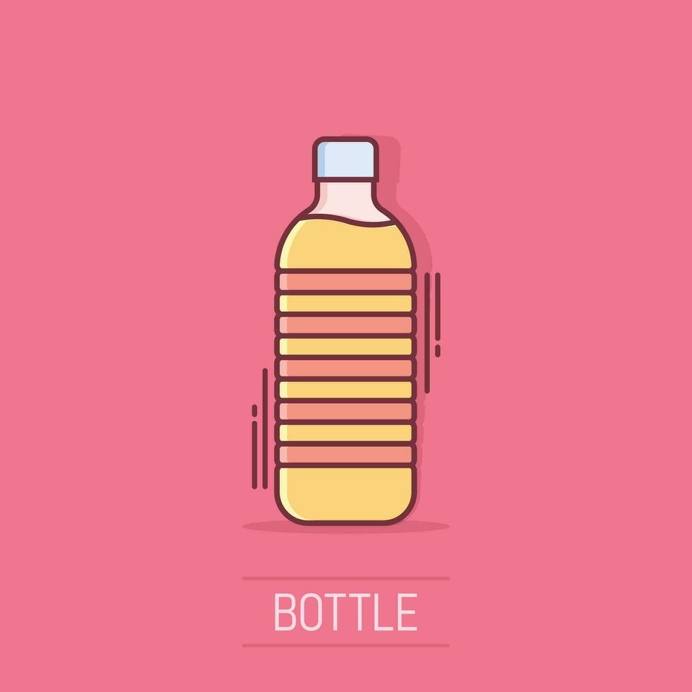 Water bottle icon in comic style. Plastic soda bottle vector cartoon illustration pictogram. Liquid water business concept splash effect.