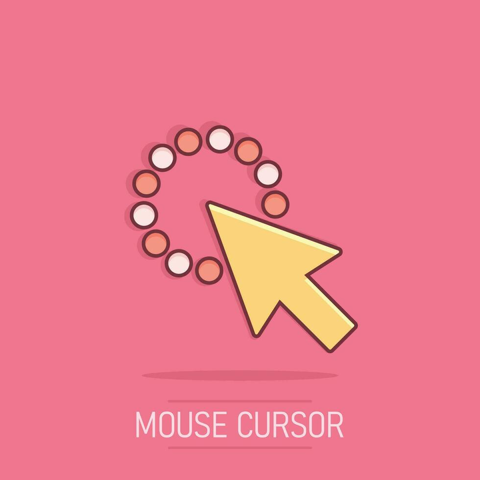 Computer mouse cursor icon in comic style. Arrow cursor vector cartoon illustration pictogram. Mouse aim business concept splash effect.