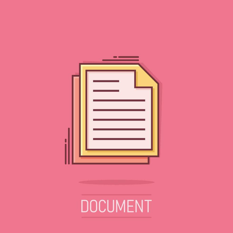 Document note icon in comic style. Paper sheet vector cartoon illustration pictogram. Notepad document business concept splash effect.