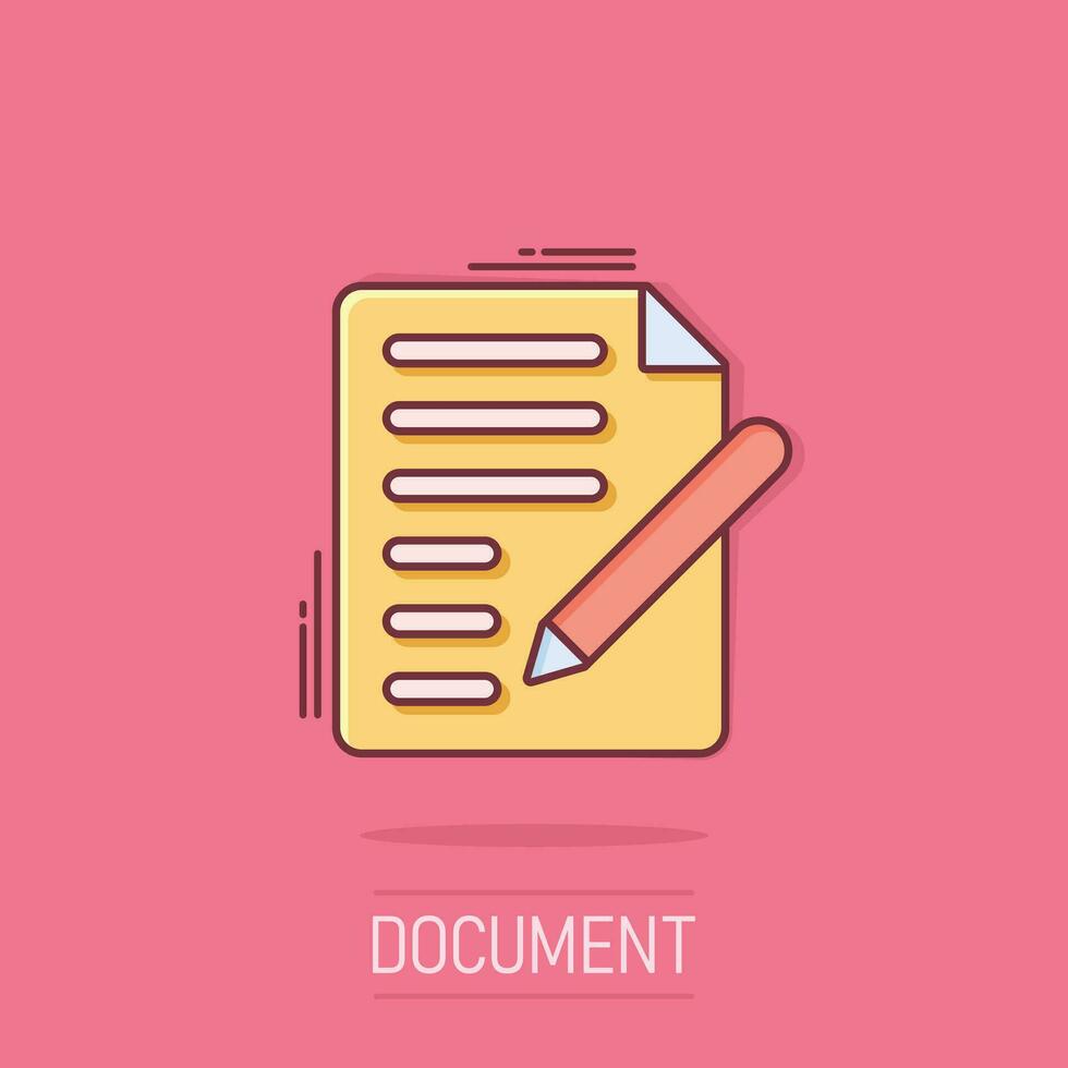 Document note icon in comic style. Paper sheet vector cartoon illustration pictogram. Notepad document business concept splash effect.