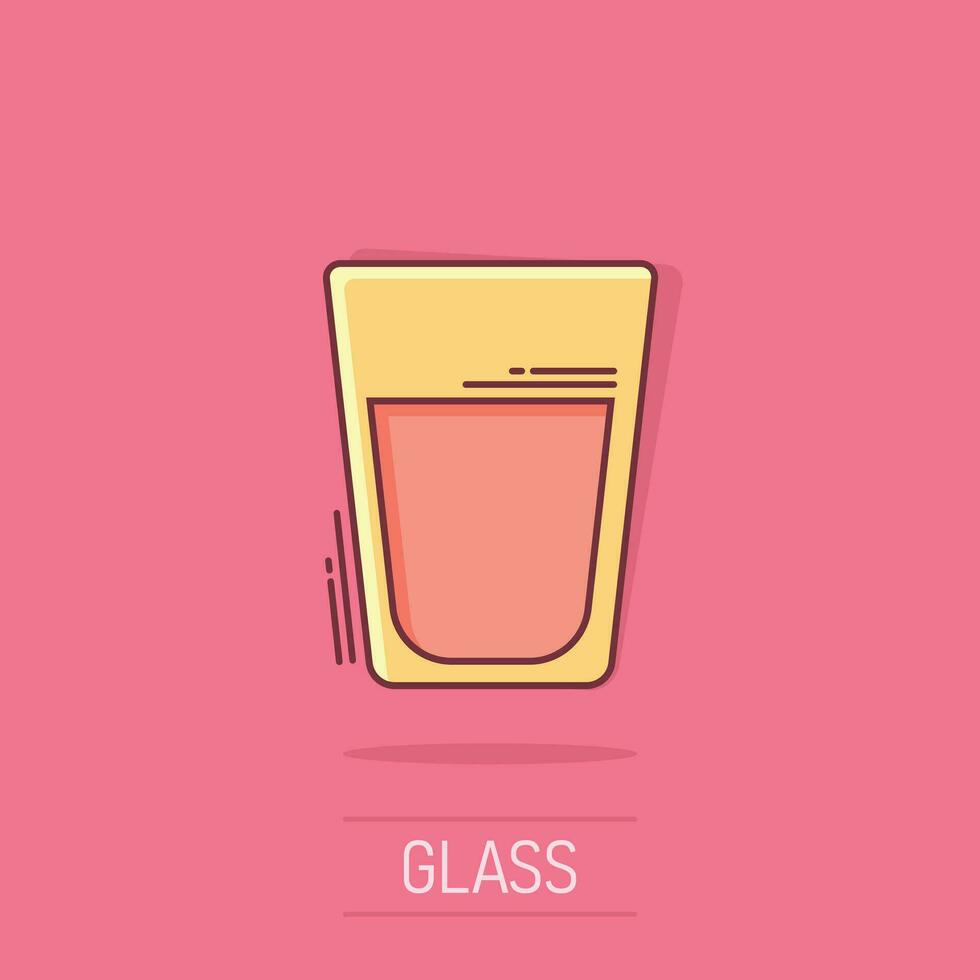Water glass icon in comic style. Soda glass vector cartoon illustration pictogram. Liquid water business concept splash effect.