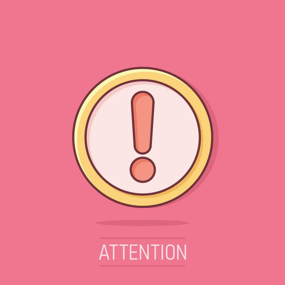 Exclamation mark icon in comic style. Danger alarm vector cartoon illustration pictogram. Caution risk business concept splash effect.