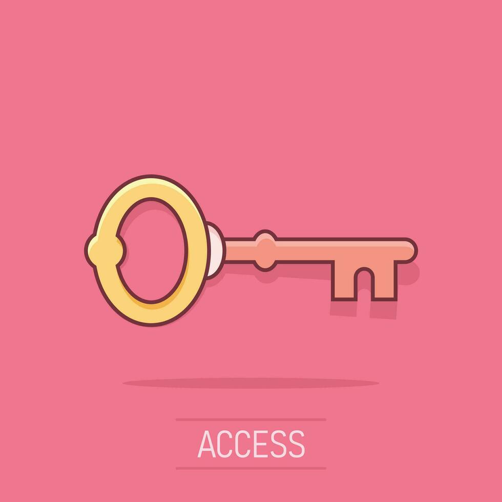 Key icon in comic style. Access login vector cartoon illustration pictogram. Password key business concept splash effect.