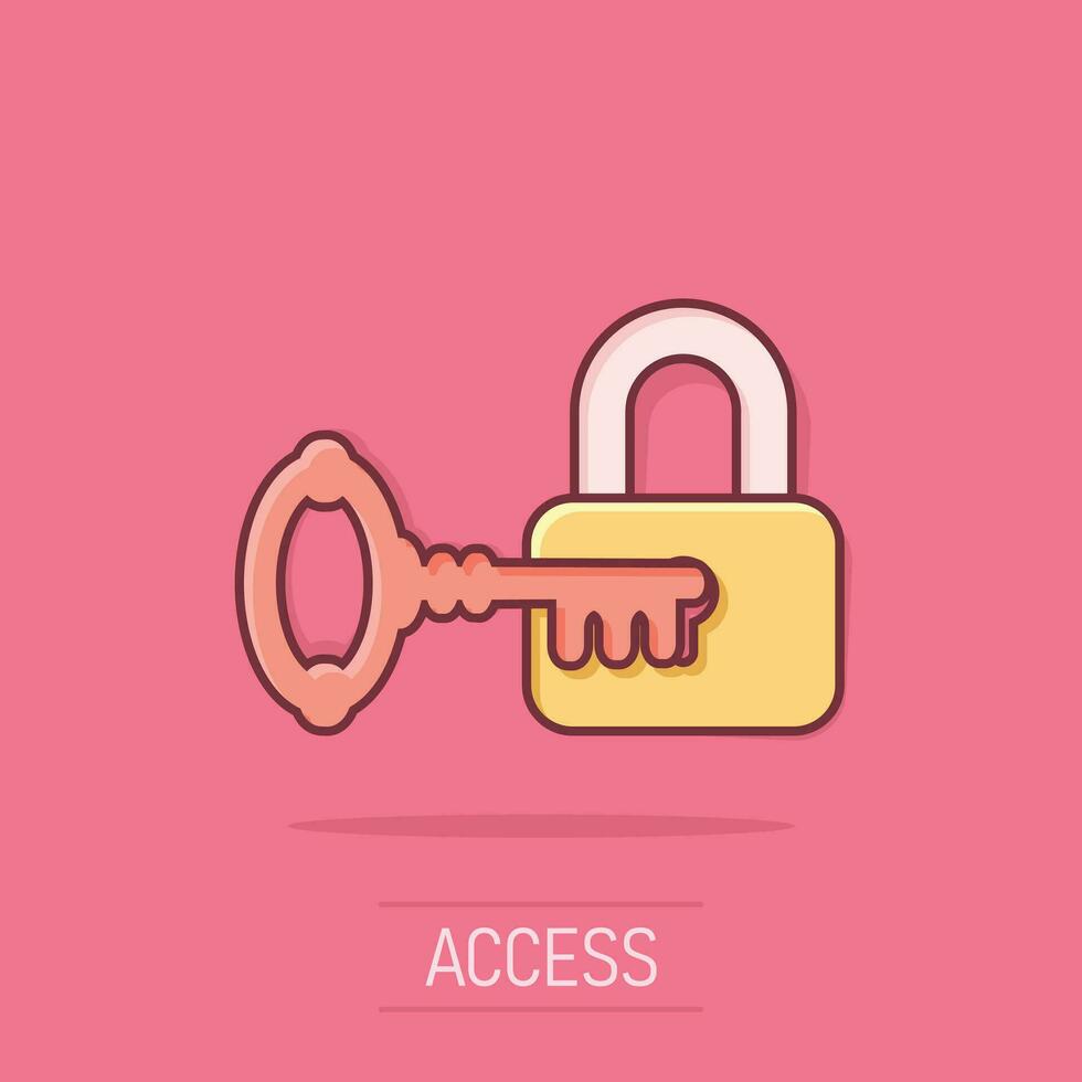 Key with padlock icon in comic style. Access login vector cartoon illustration pictogram. Lock keyhole business concept splash effect.