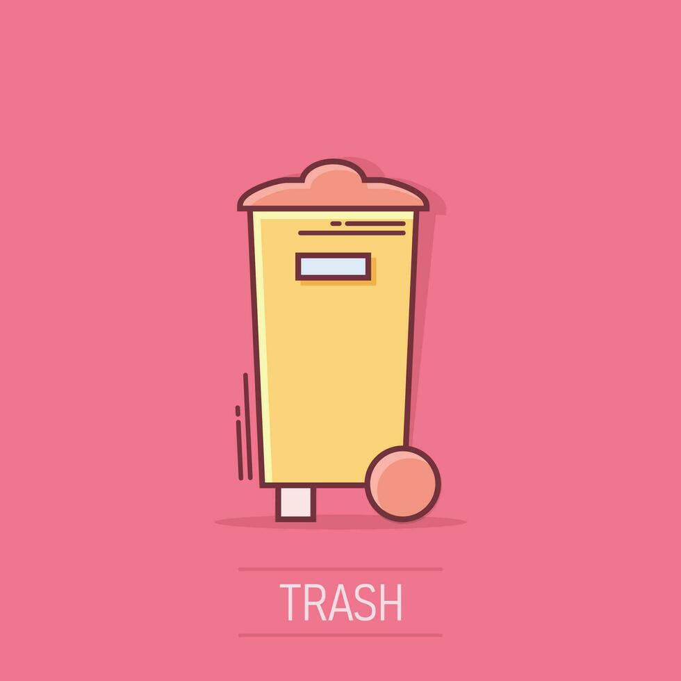 icono de basura de papelera en estilo cómico. Pictograma de ilustración de dibujos animados de vector de cubo de basura. Efecto de salpicadura de concepto de negocio de cesta de basura.