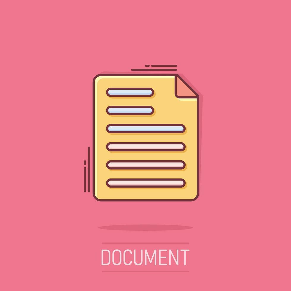 Document note icon in comic style. Paper sheet vector cartoon illustration pictogram. Notepad document business concept splash effect.