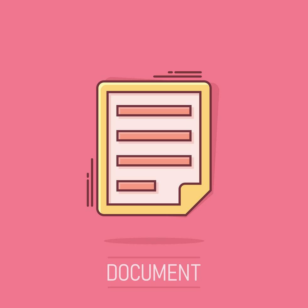 Document note icon in comic style. Paper sheet vector cartoon illustration pictogram. Notepad document business concept splash effect.