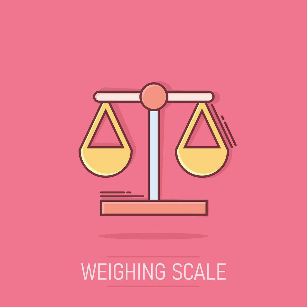 Scale comparison icon in comic style. Balance weight vector cartoon illustration pictogram. Scale compare business concept splash effect.