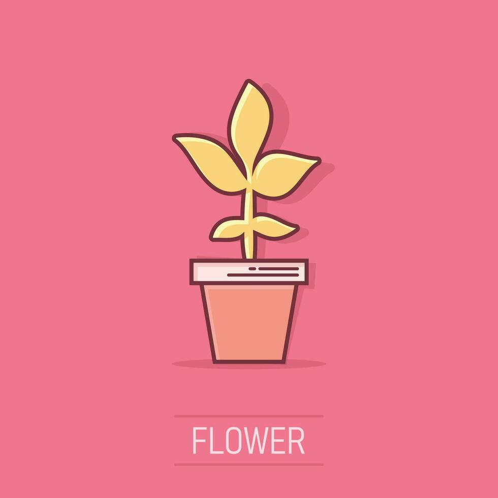 Vector cartoon flower pot icon in comic style. Seedling flower concept illustration pictogram. Floral leaf business splash effect concept.