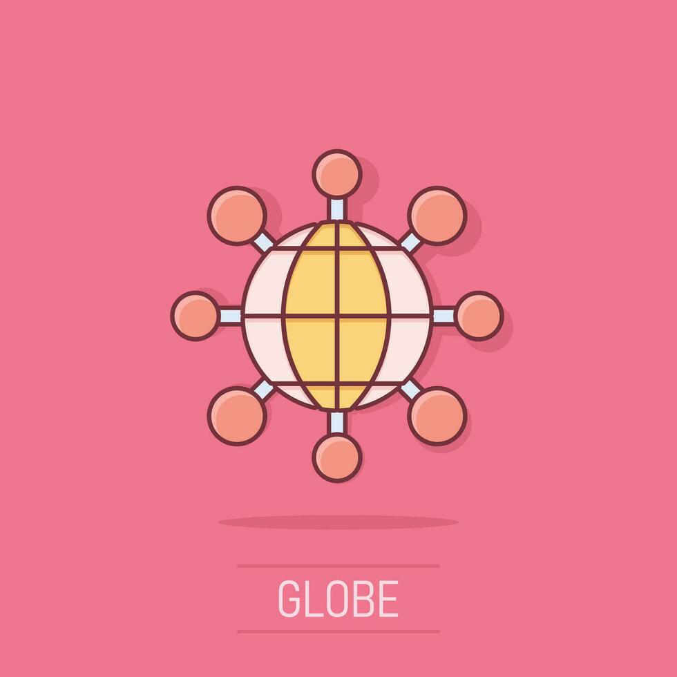 Vector cartoon sharing globe icon in comic style. Digital connect concept illustration pictogram. Teamwork communication business splash effect concept.