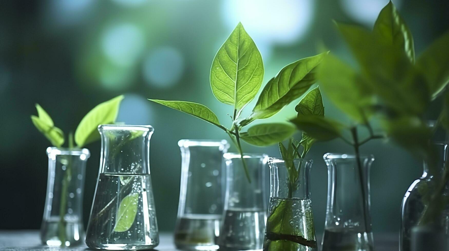 AI generated Biotechnology concept with green plant leaves photo