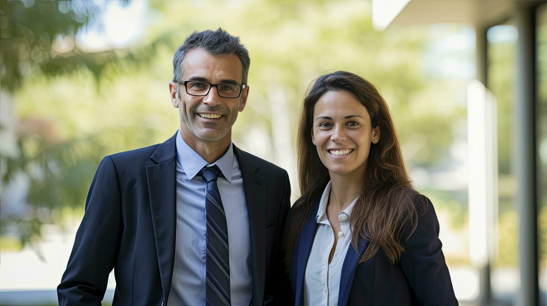 AI generated Smiling partners in formal clothing. A good example of how business people look a black suit over a white shirt with a tie. Two business persons over natural background. photo