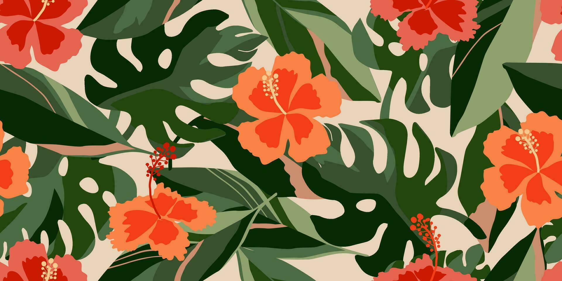 Hand drawn tropical flowers, seamless patterns with floral for fabric, textiles, clothing, wrapping paper, cover, banner, interior decor, abstract backgrounds. vector illustration.