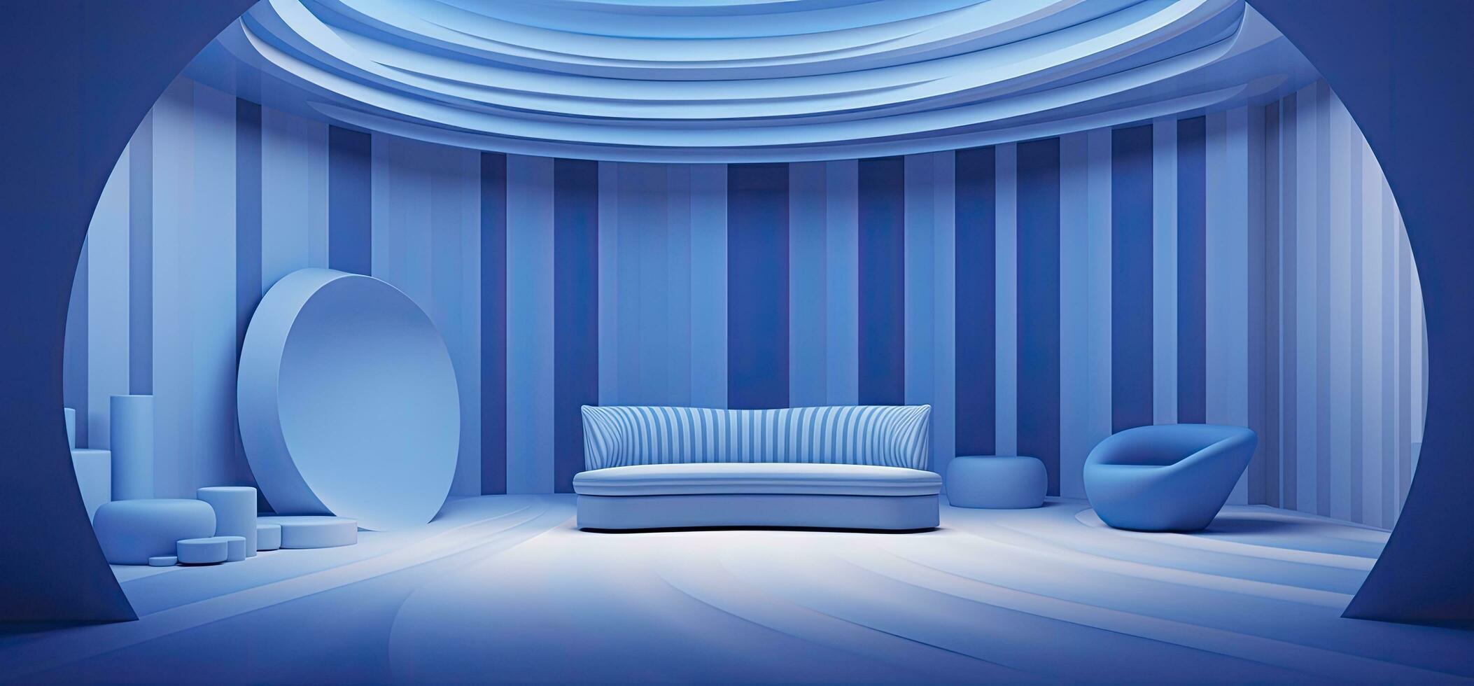 AI generated Blue striped Geometric shape bedroom with a modern luxury sofa 3d rendering photo