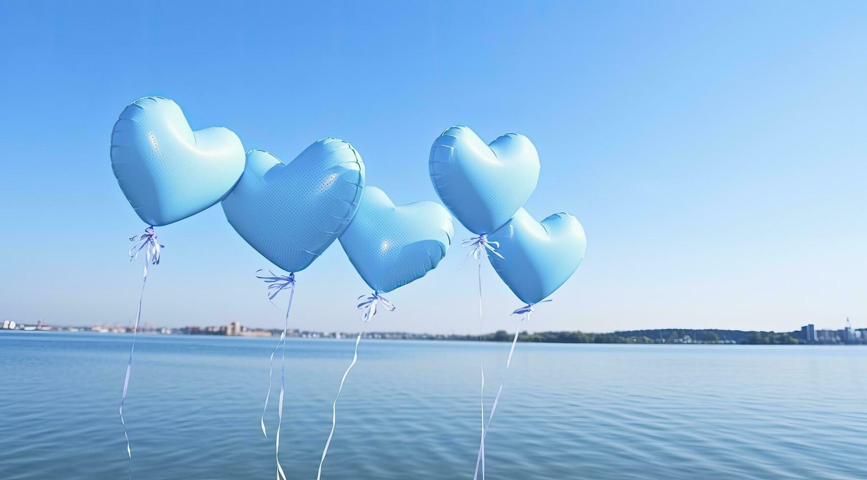 AI generated blue hearts of valentines on the water against sky background photo