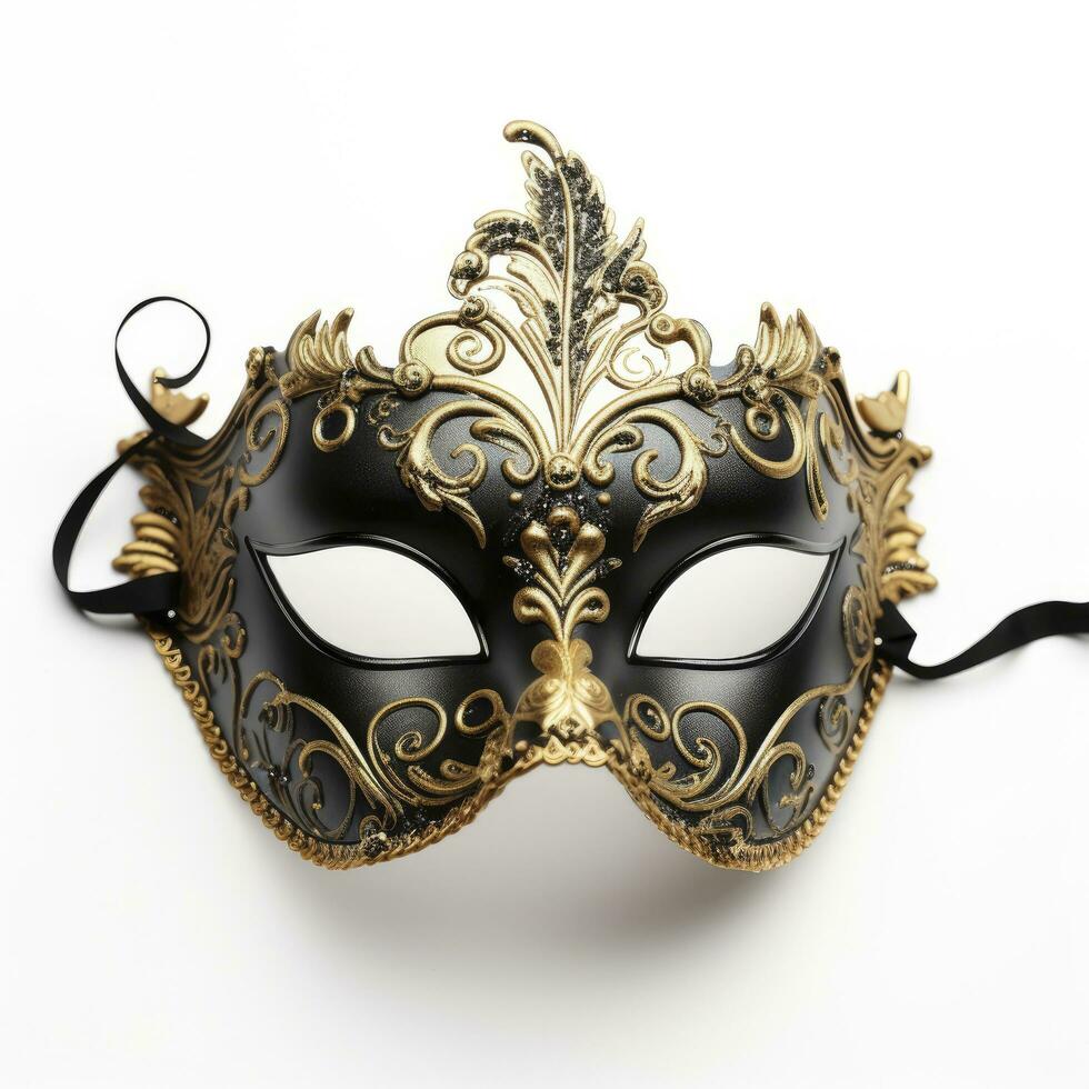 AI generated Black and gold carnival mask isolated on white background. photo