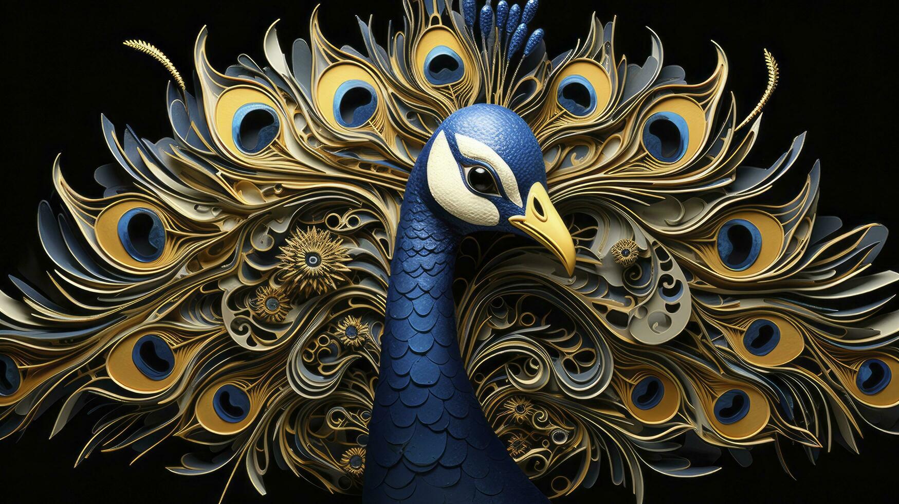 AI generated Blue yellow and gold peacock on black background photo