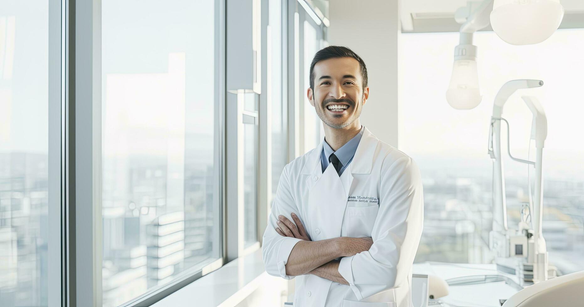 ai generado retrato de maduro masculino médico vistiendo blanco Saco en pie en hospital laboratorio foto